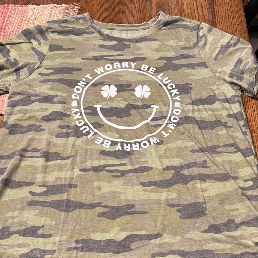 Lucky Brand Green Camo Tee with Smiley and Clover
